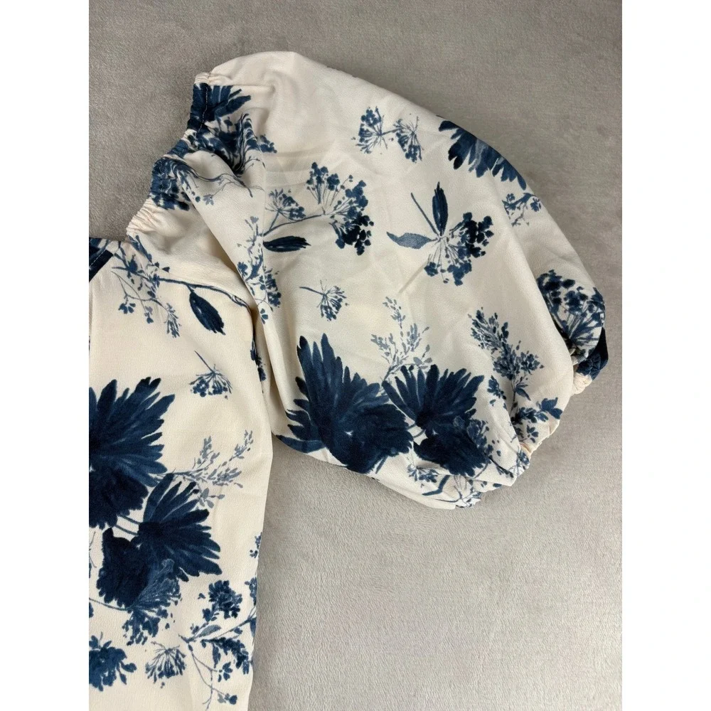 Abercrombie & Fitch Womens M Blue Floral Puff Sleeve Smocked Corset Top Blouse